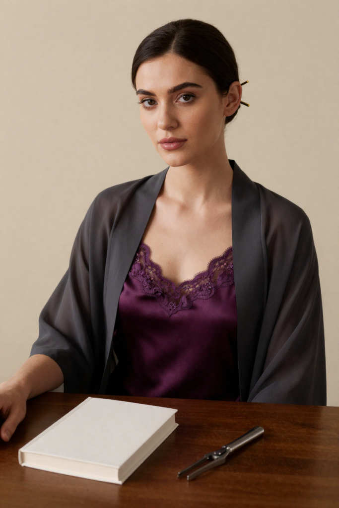 Plum slip dress muse at the tuning-fork desk with a closed blank-covered biography